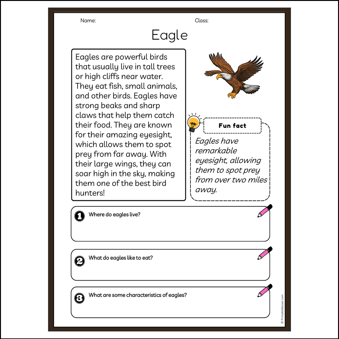 Eagle | Reading Passage Comprehension Questions Writing Facts Worksheet