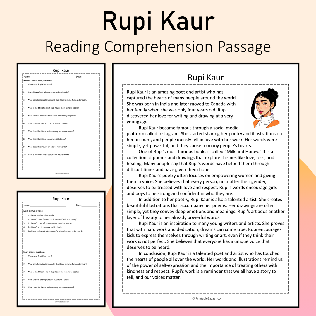 Rupi Kaur | Reading Comprehension Passage Printable Activity