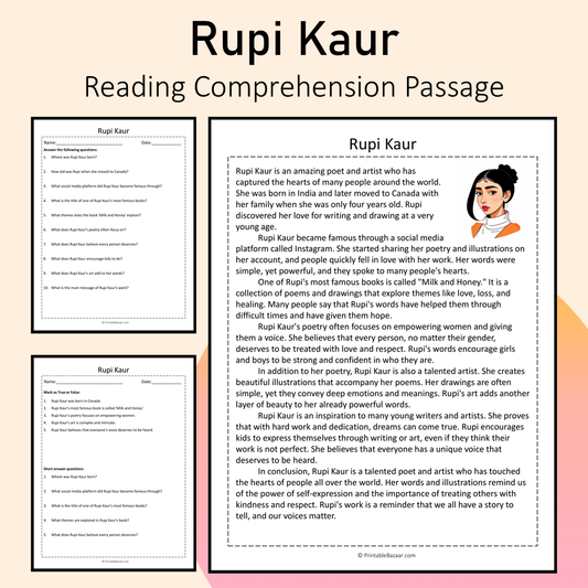Rupi Kaur | Reading Comprehension Passage Printable Activity