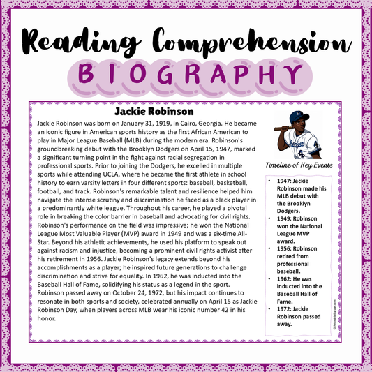 Jackie Robinson | Biography Reading Comprehension and Questions Worksheet