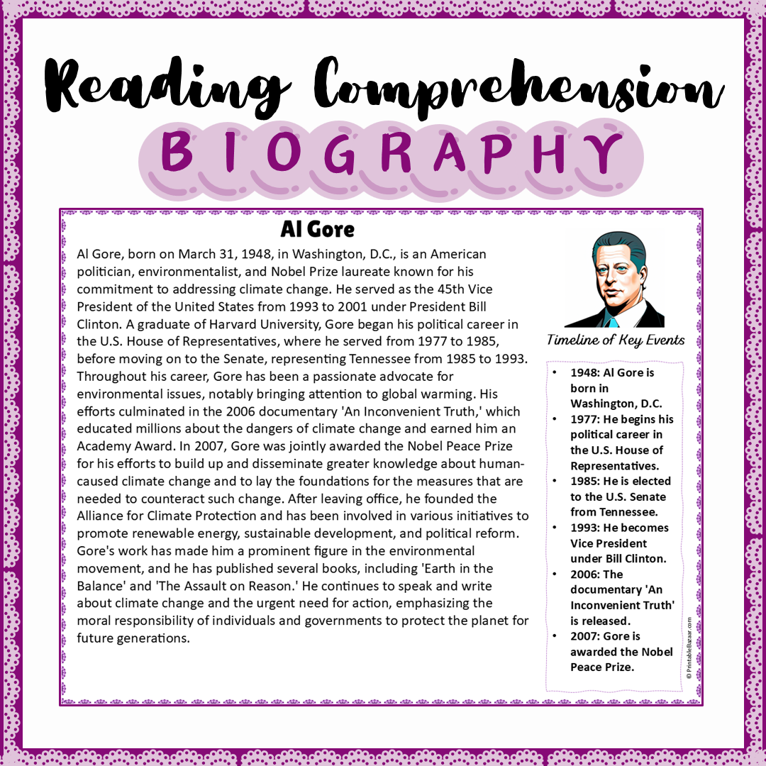 Al Gore | Biography Reading Comprehension and Questions Worksheet