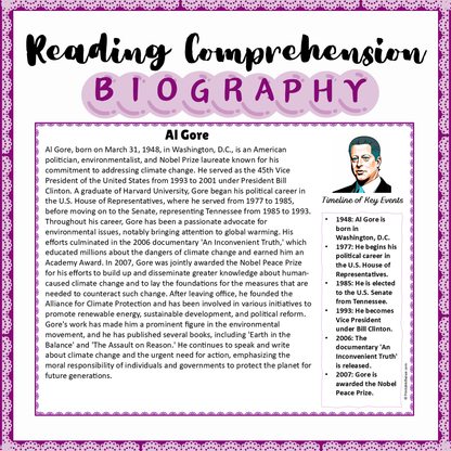 Al Gore | Biography Reading Comprehension and Questions Worksheet