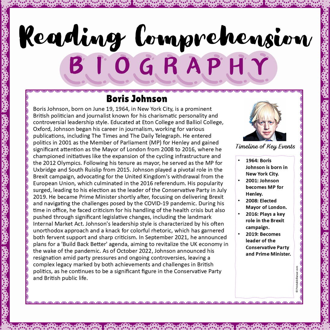 Boris Johnson | Biography Reading Comprehension and Questions Worksheet