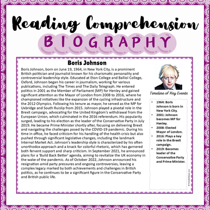 Boris Johnson | Biography Reading Comprehension and Questions Worksheet