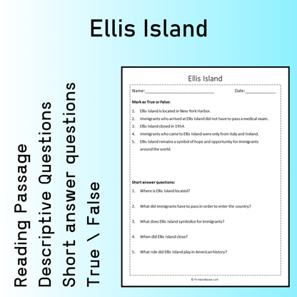 Ellis Island | Reading Comprehension Passage Printable Worksheet