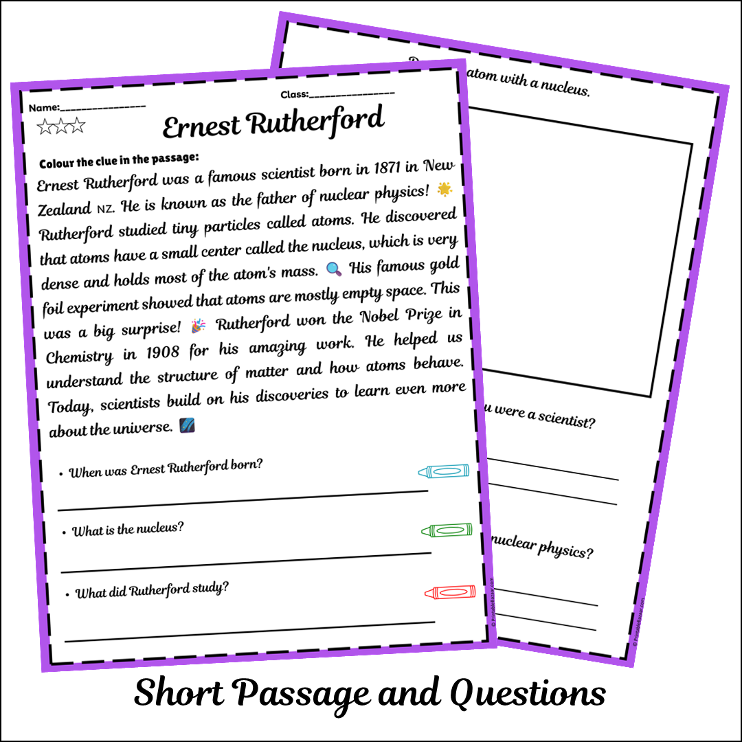 Ernest Rutherford | Short Reading Comprehension Creative Worksheet