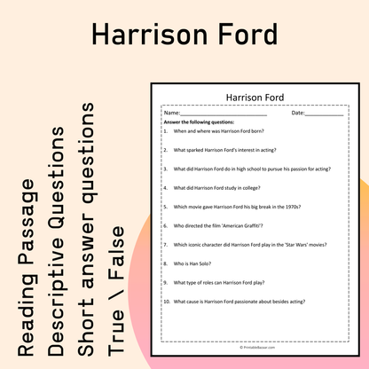 Harrison Ford | Reading Comprehension Passage Printable Activity