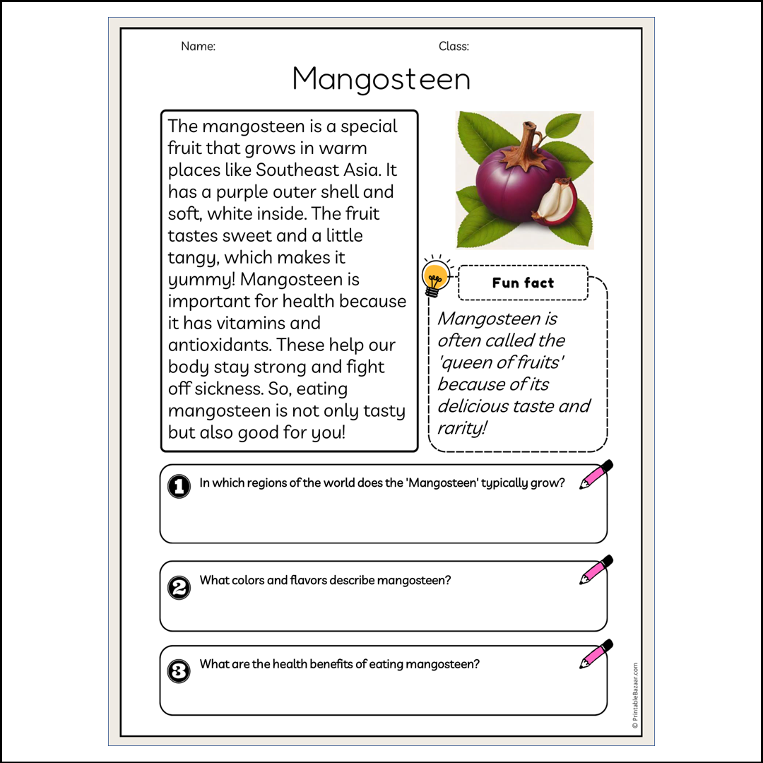 Mangosteen | Reading Passage Comprehension Questions Writing Facts Worksheet