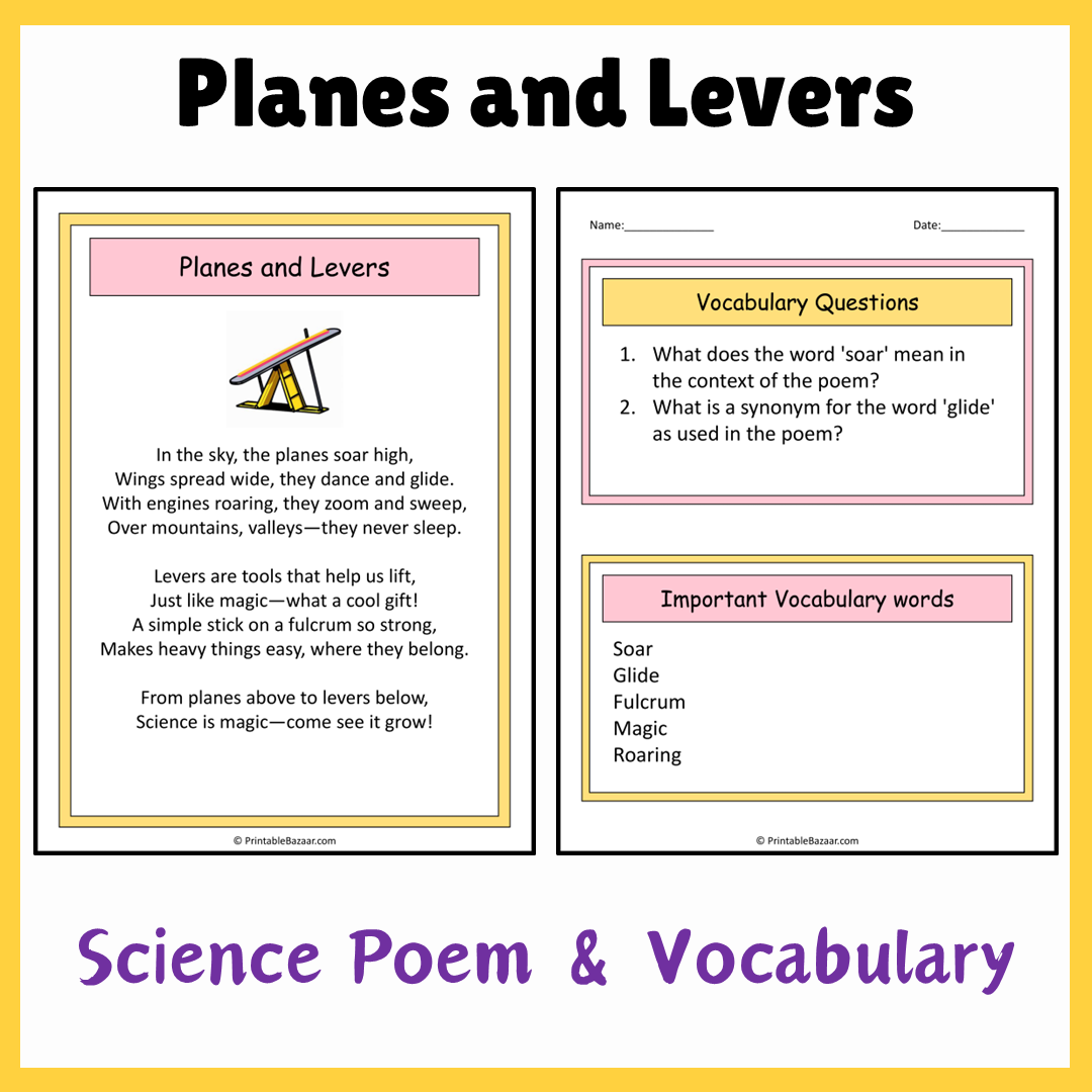 Planes and Levers | Science Poem Reading Comprehension Activity