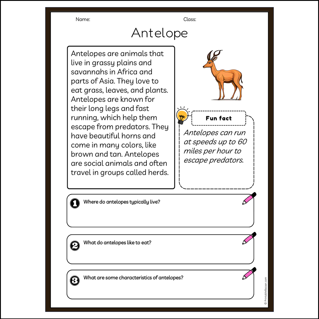 Antelope | Reading Passage Comprehension Questions Writing Facts Worksheet