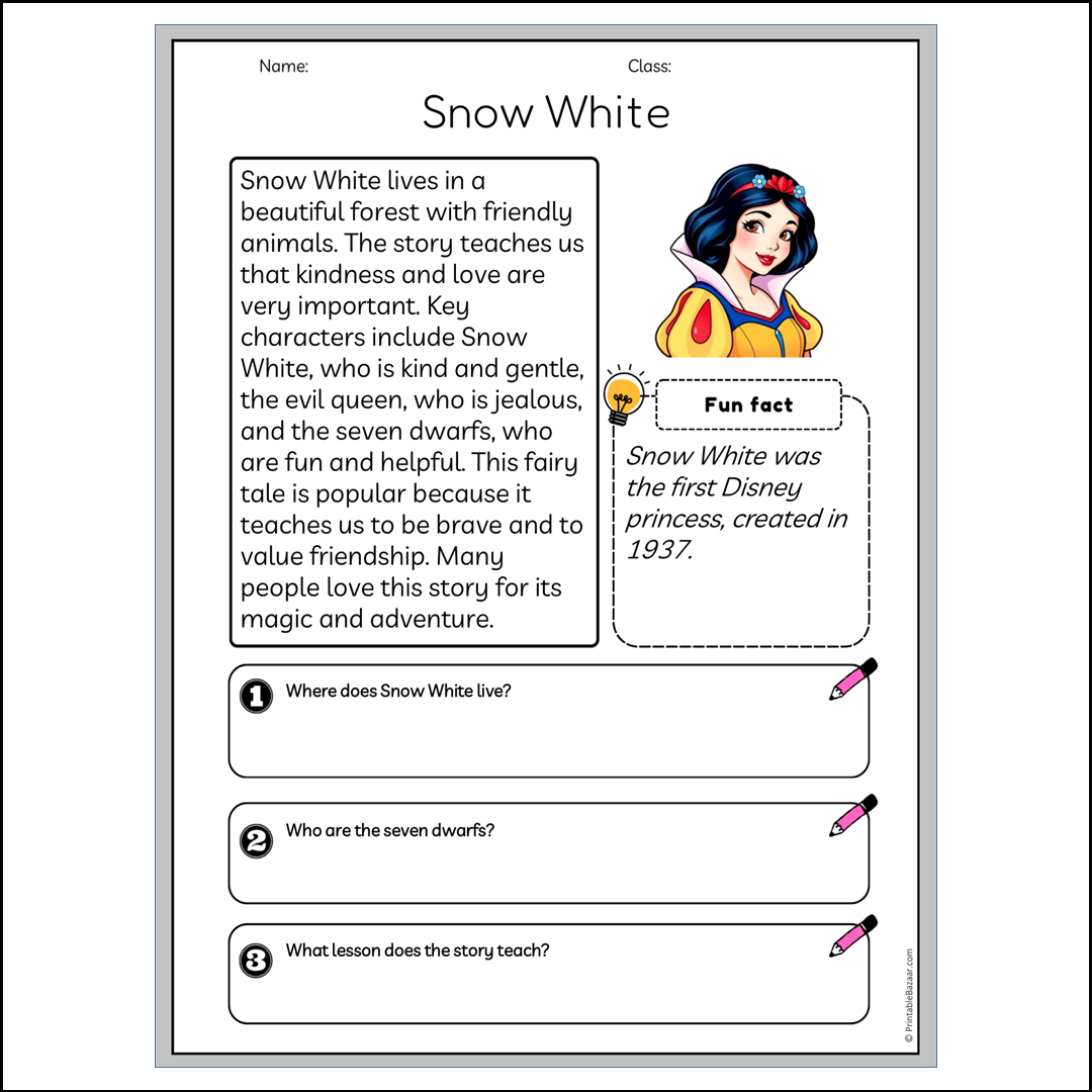 Snow White | Reading Passage Comprehension Questions Writing Facts Worksheet