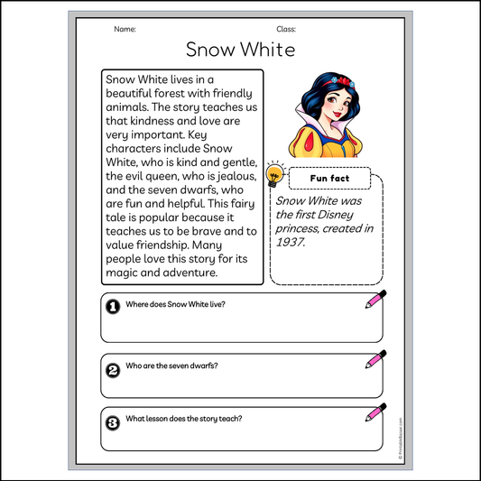 Snow White | Reading Passage Comprehension Questions Writing Facts Worksheet