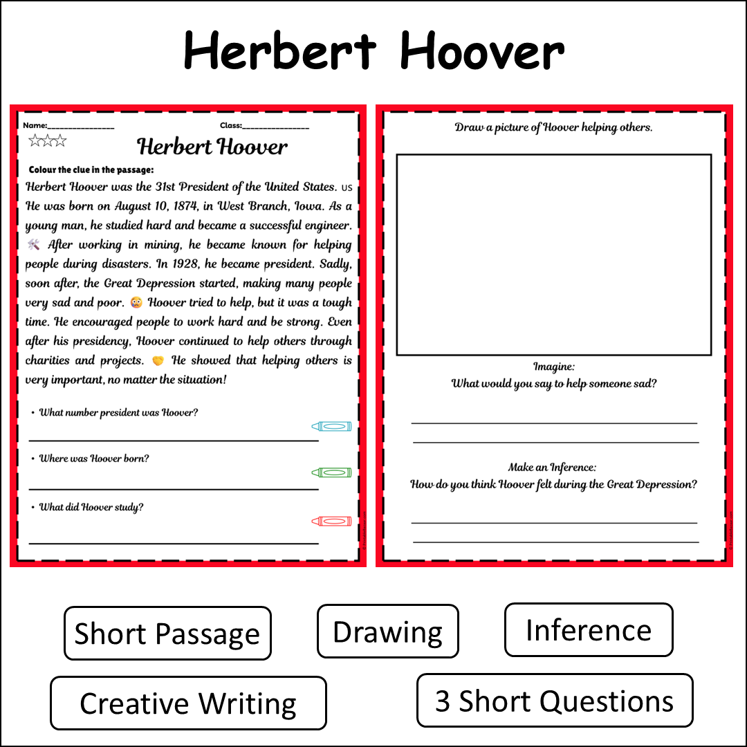 Herbert Hoover | Short Reading Comprehension Creative Worksheet