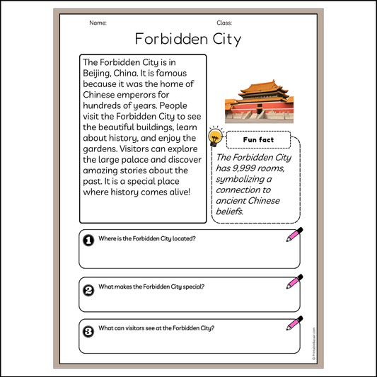 Forbidden City | Reading Passage Comprehension Questions Writing Facts Worksheet