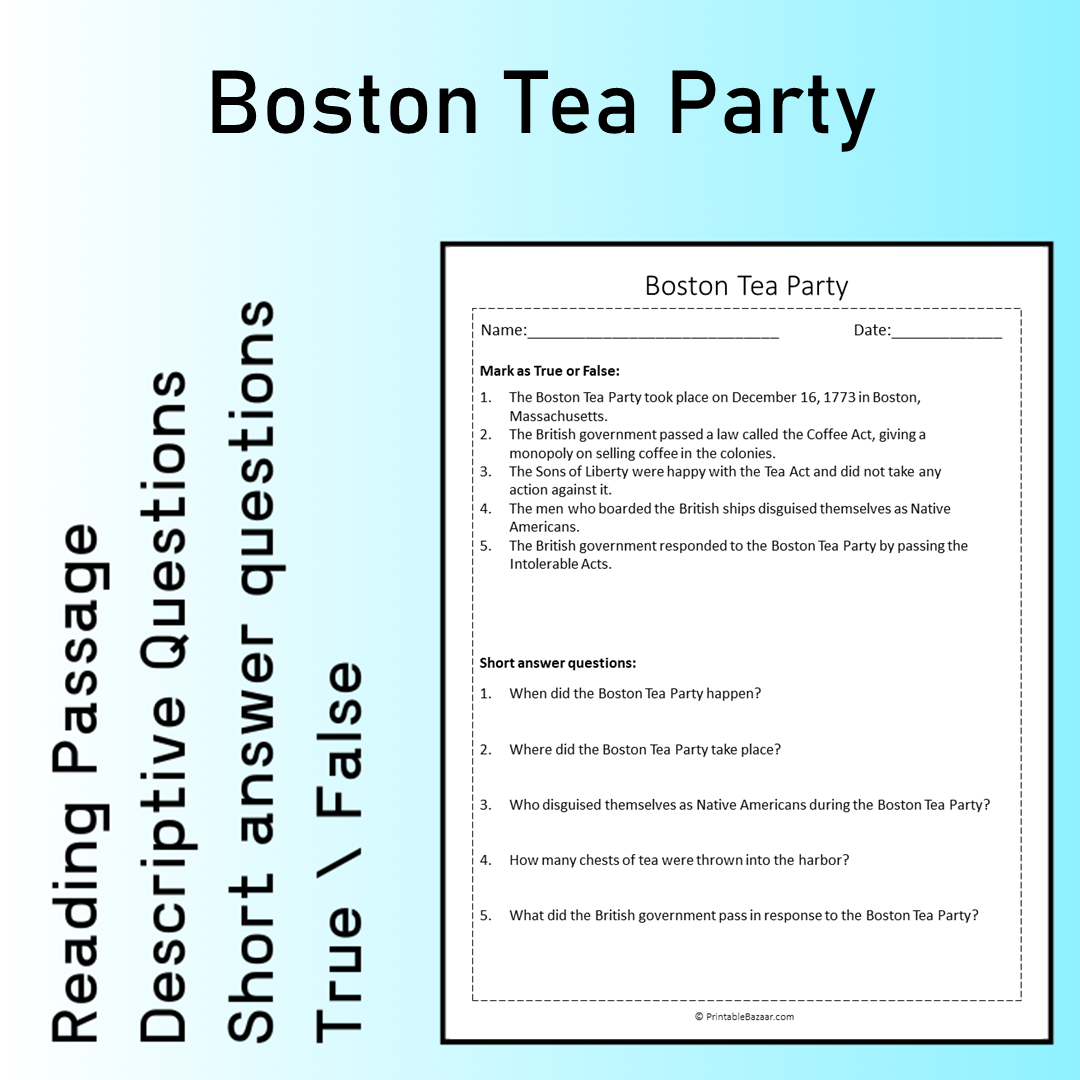 Boston Tea Party | Reading Comprehension Passage Printable Worksheet