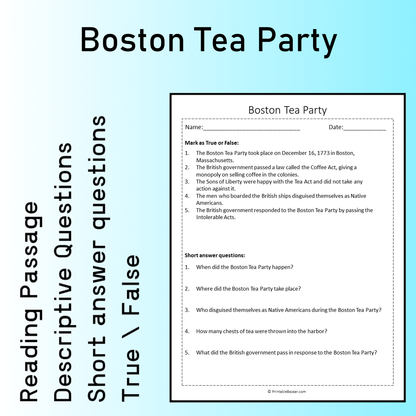Boston Tea Party | Reading Comprehension Passage Printable Worksheet
