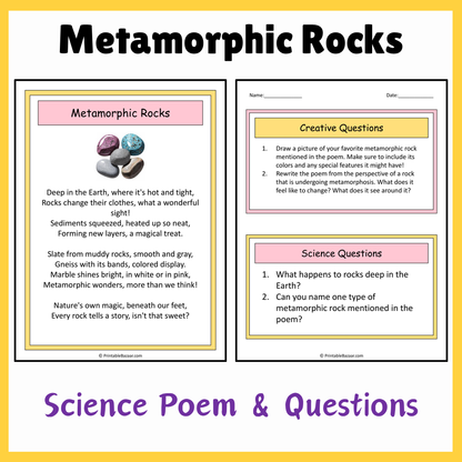 Metamorphic Rocks | Science Poem Reading Comprehension Activity