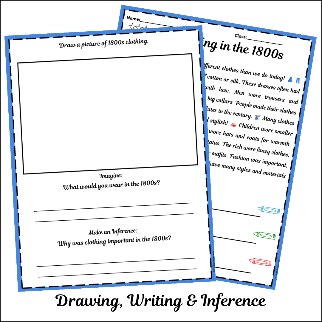 Clothing in the 1800s | Short Reading Comprehension Creative Worksheet