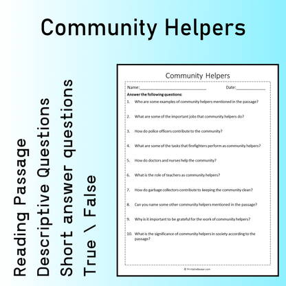 Community Helpers | Reading Comprehension Passage Printable Worksheet