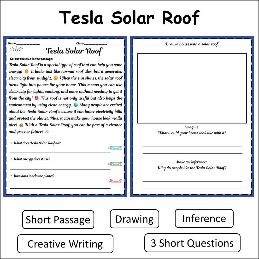Tesla Solar Roof | Short Reading Comprehension Creative Worksheet