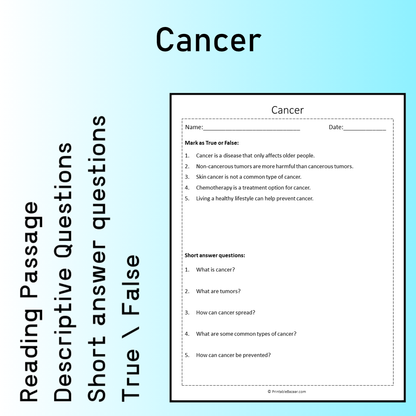 Cancer | Reading Comprehension Passage Printable Worksheet