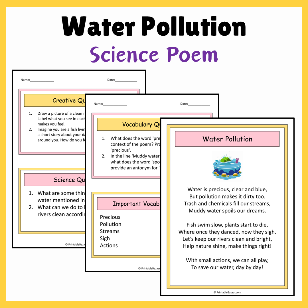 Water Pollution | Science Poem Reading Comprehension Activity