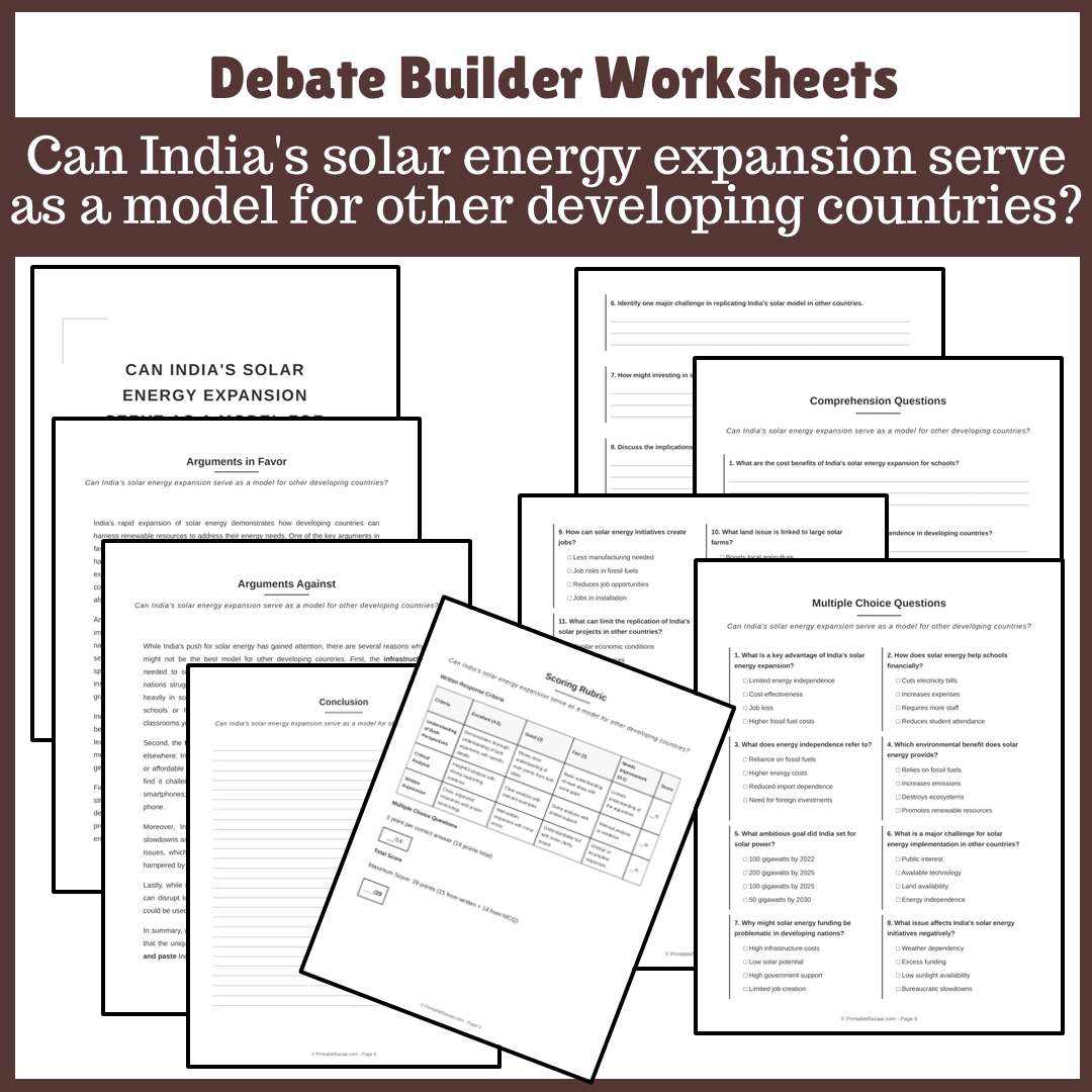Can India's solar energy expansion serve as a model for other developing countries? | Favour and Against Worksheet Printable Activity