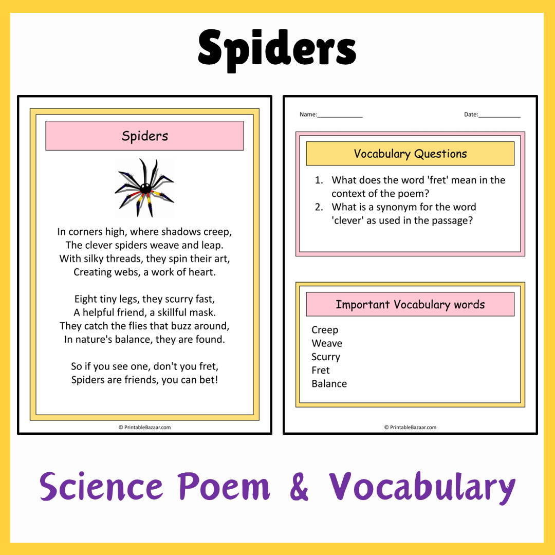 Spiders | Science Poem Reading Comprehension Activity