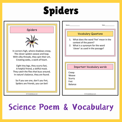 Spiders | Science Poem Reading Comprehension Activity