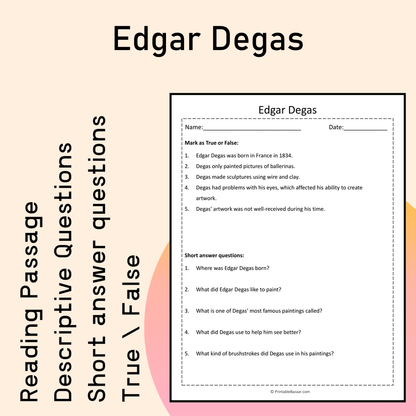 Edgar Degas | Reading Comprehension Passage Printable Activity