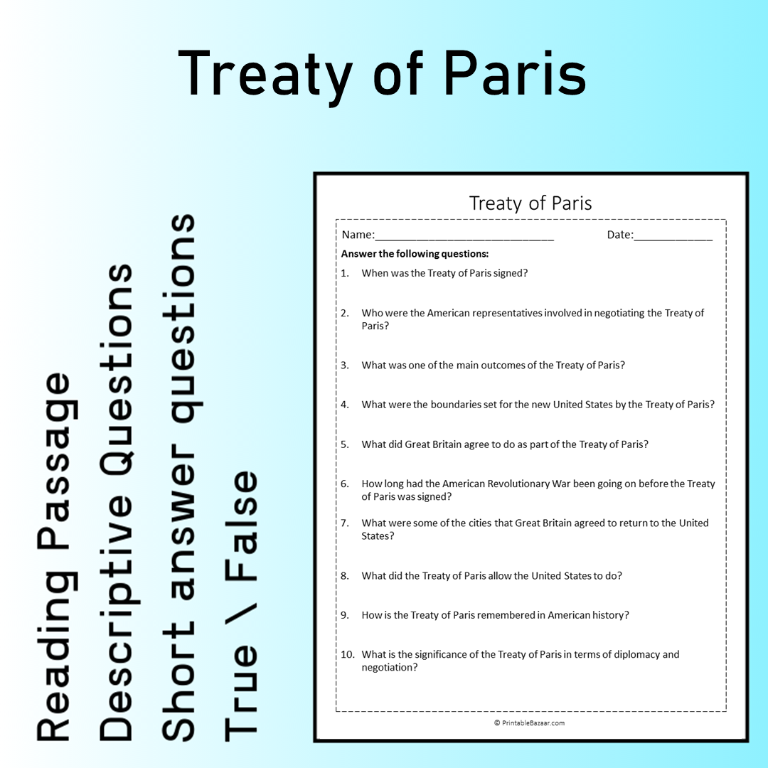 Treaty of Paris | Reading Comprehension Passage Printable Worksheet