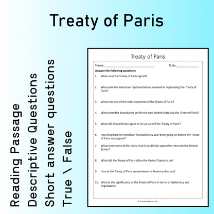 Treaty of Paris | Reading Comprehension Passage Printable Worksheet