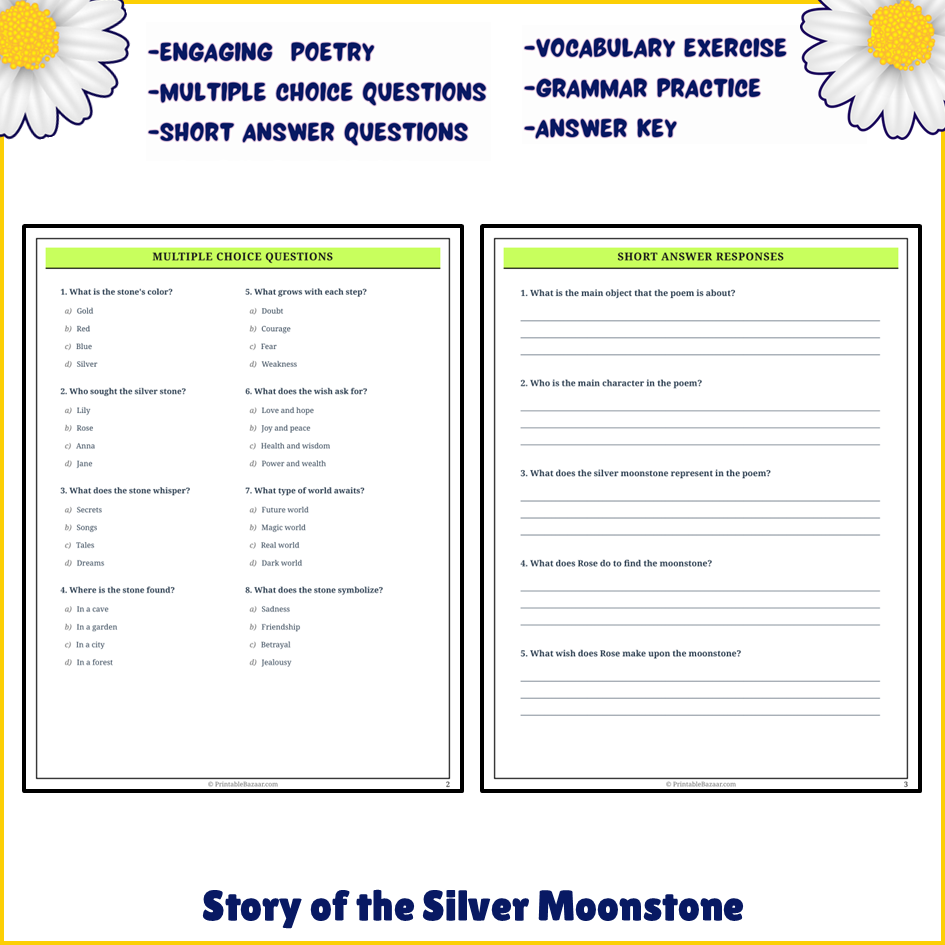 Story of the Silver Moonstone | Poem Grammar Worksheet Printable Activity