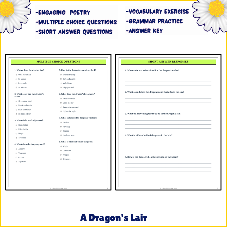 A Dragon's Lair | Poem Grammar Worksheet Printable Activity