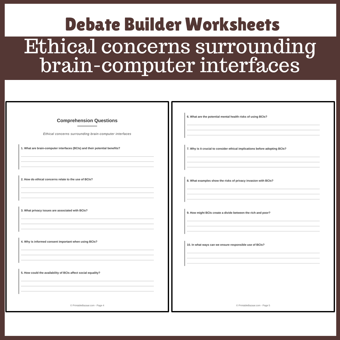 Ethical concerns surrounding brain-computer interfaces | Favour and Against Worksheet Printable Activity
