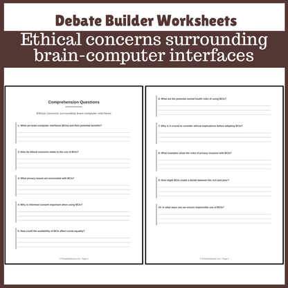 Ethical concerns surrounding brain-computer interfaces | Favour and Against Worksheet Printable Activity