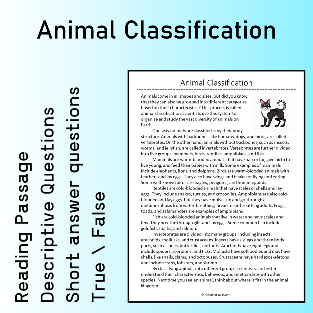 Animal Classification | Reading Comprehension Passage Printable Worksheet