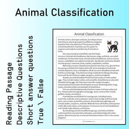Animal Classification | Reading Comprehension Passage Printable Worksheet