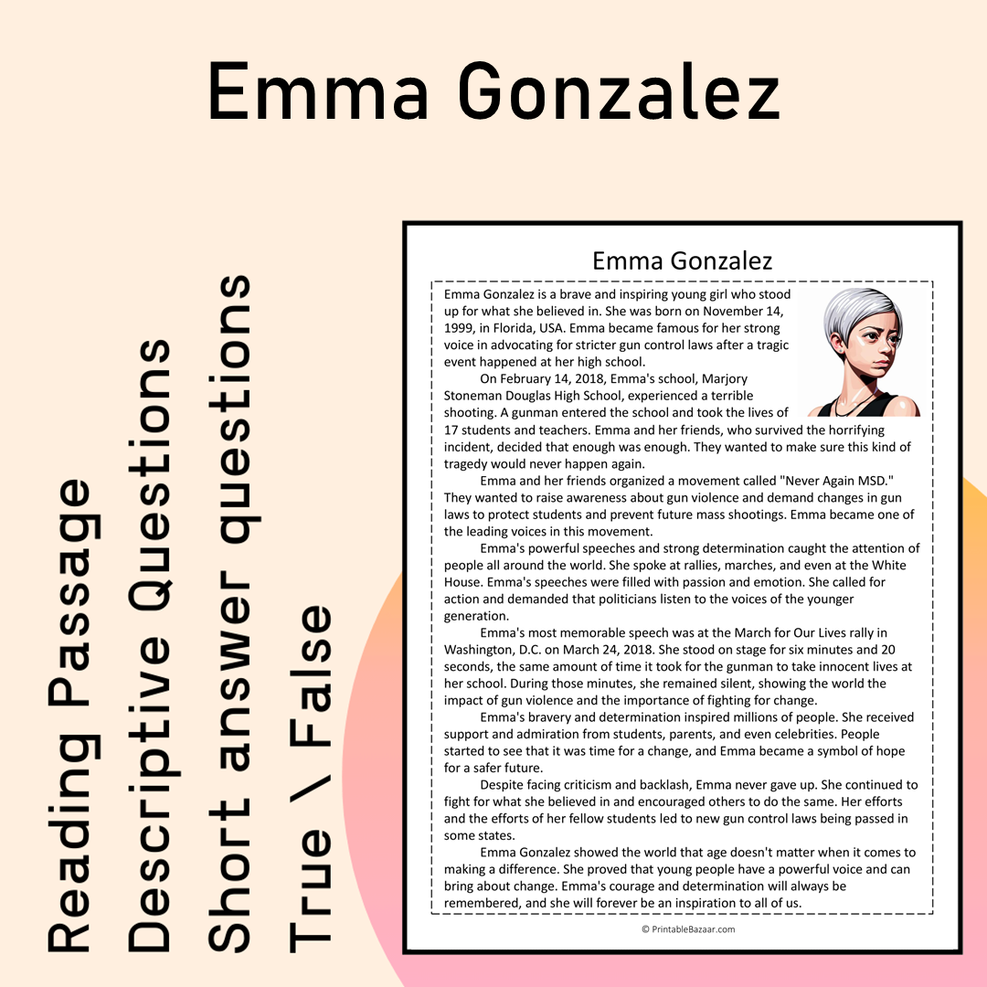 Emma Gonzalez | Reading Comprehension Passage Printable Activity