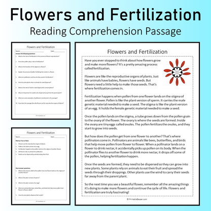 Flowers and Fertilization | Reading Comprehension Passage Printable Worksheet