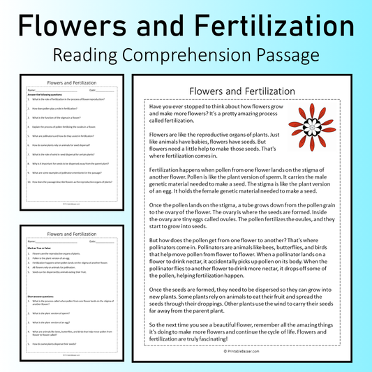 Flowers and Fertilization | Reading Comprehension Passage Printable Worksheet