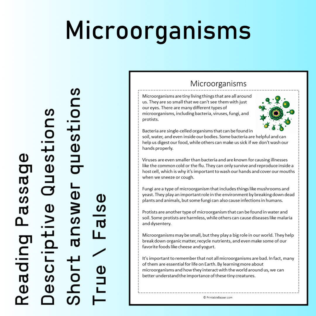 Microorganisms | Reading Comprehension Passage Printable Worksheet