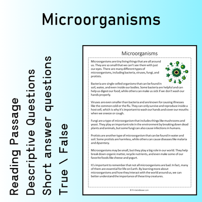Microorganisms | Reading Comprehension Passage Printable Worksheet