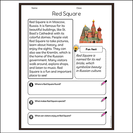 Red Square | Reading Passage Comprehension Questions Writing Facts Worksheet