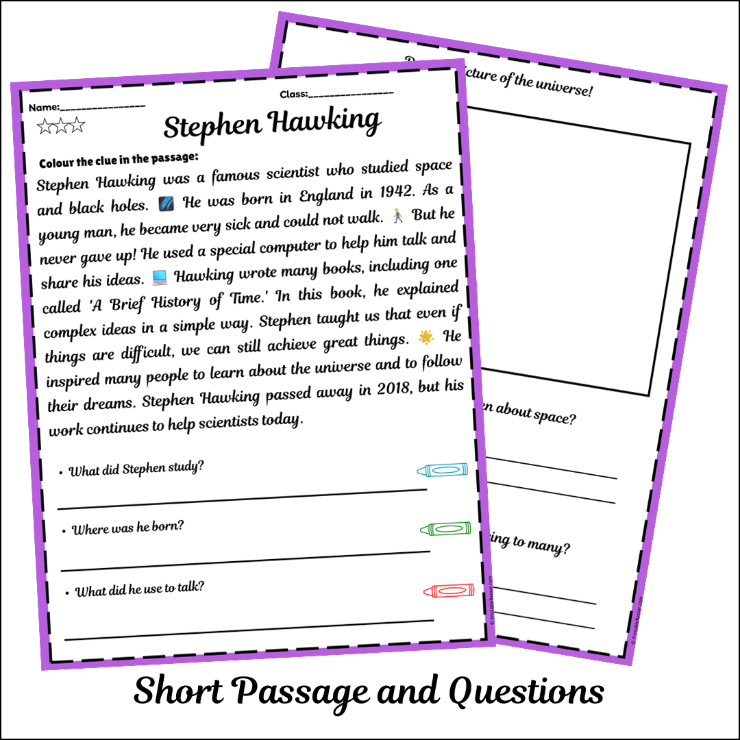 Stephen Hawking | Short Reading Comprehension Creative Worksheet
