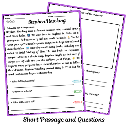 Stephen Hawking | Short Reading Comprehension Creative Worksheet