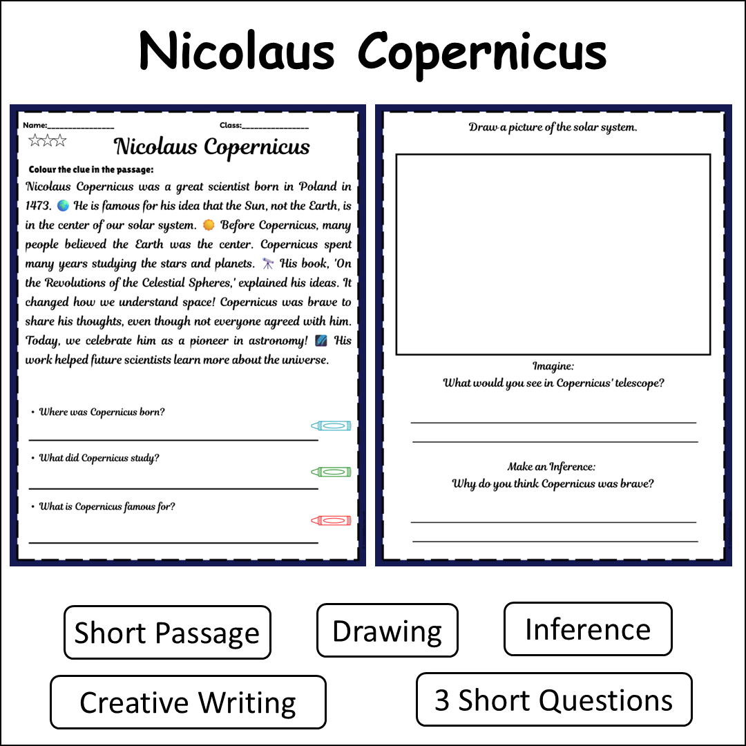 Nicolaus Copernicus | Short Reading Comprehension Creative Worksheet