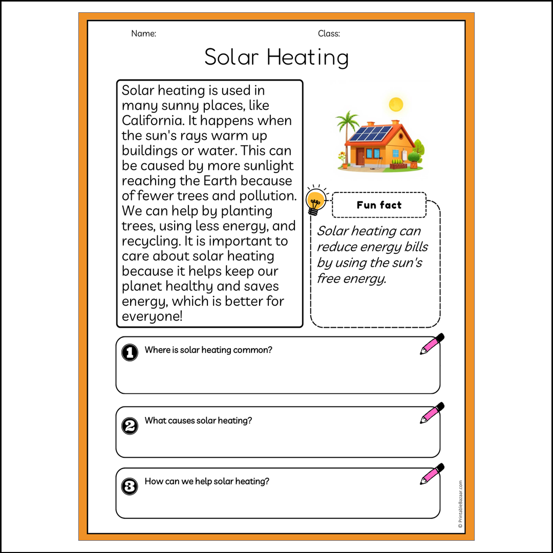 Solar Heating | Reading Passage Comprehension Questions Writing Facts Worksheet
