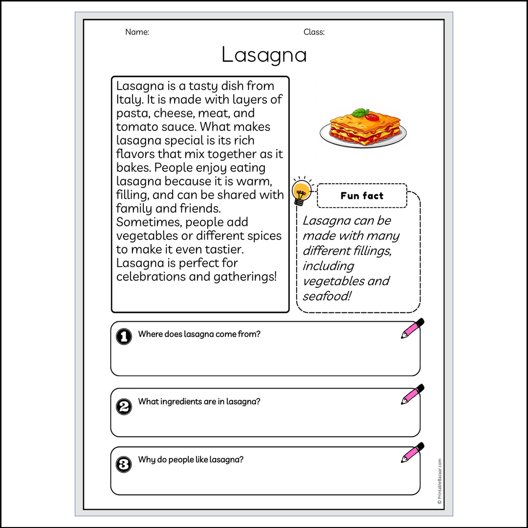 Lasagna | Reading Passage Comprehension Questions Writing Facts Worksheet