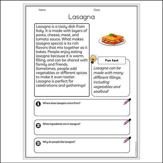 Lasagna | Reading Passage Comprehension Questions Writing Facts Worksheet